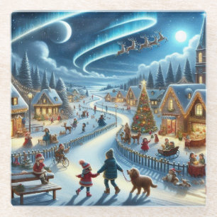 Christmas Village Snowy Scene Painting Glass Coaster