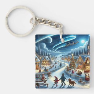 Christmas Village Snowy Scene Painting Keychain