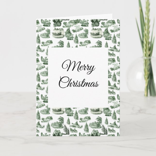 Christmas Village Themed Green Toile Design Card (Front)