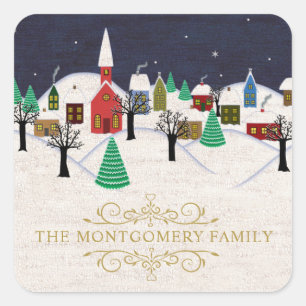Christmas Village w/ Church Family Name Monogram Square Sticker