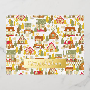 Christmas Village White Foil Holiday Post Card