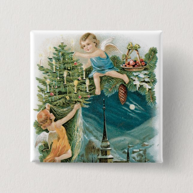 Christmas Village with Angels 2 Inch Square Button (Front)