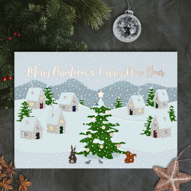 Christmas village with cute animals and snow foil holiday card (Christmas snow village foil holiday custom card. Personalize it with your photo and text.)