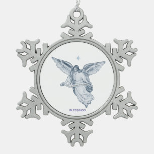 Christmas Vintage Angel with Message on White Snowflake Pewter Christmas Ornament