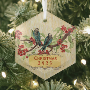 Christmas Vintage Birds Red Teal Glass Ornament