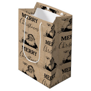 Christmas Vintage Black White Kraft Santa Claus   Medium Gift Bag
