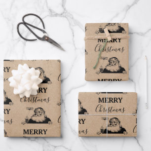 Christmas Vintage Black White Kraft Santa Claus Wrapping Paper Sheet