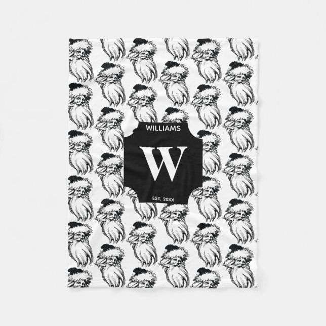 Christmas Vintage Black White Santa Monogrammed Fleece Blanket (Front)