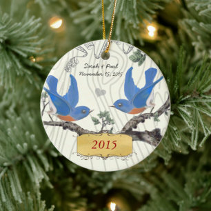 Christmas Vintage Bluebirds on Wood Grain Ceramic Ornament