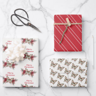Christmas Vintage Butterfly Poinsettia Holiday Wrapping Paper Sheet