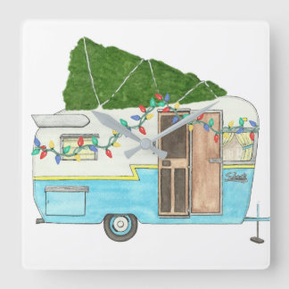 Christmas Vintage Camping Trailer Square Wall Clock
