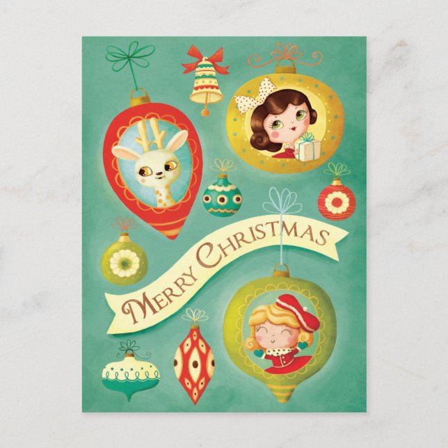 Christmas Vintage Dolls and Reindeer Postcard (Front)