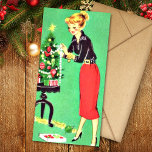 Christmas Vintage Girl Decorates Tree Holiday Card<br><div class="desc">Christmas Vintage Girl Decorates Tree Holiday Card.</div>