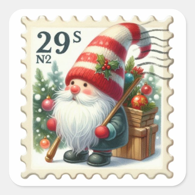 Christmas Vintage Gnomes Postage Stamps Square Sticker (Front)
