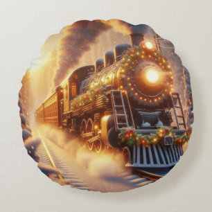 Christmas Vintage Holiday Train Snowy Winter Round Pillow