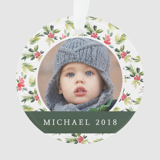 Christmas | Vintage Holly, Berry & Pine Pattern Ornament (Front)