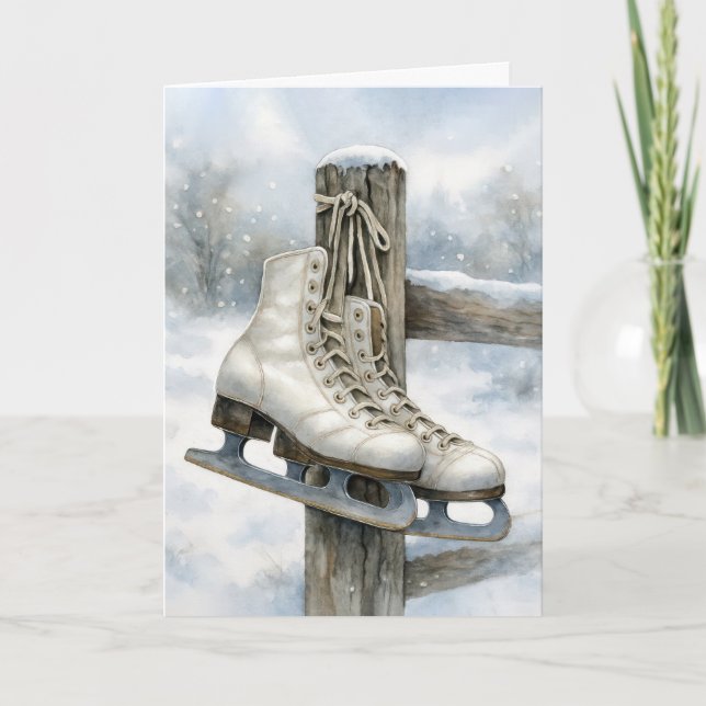Christmas Vintage Ice Skates On Fence Post Card (Front)