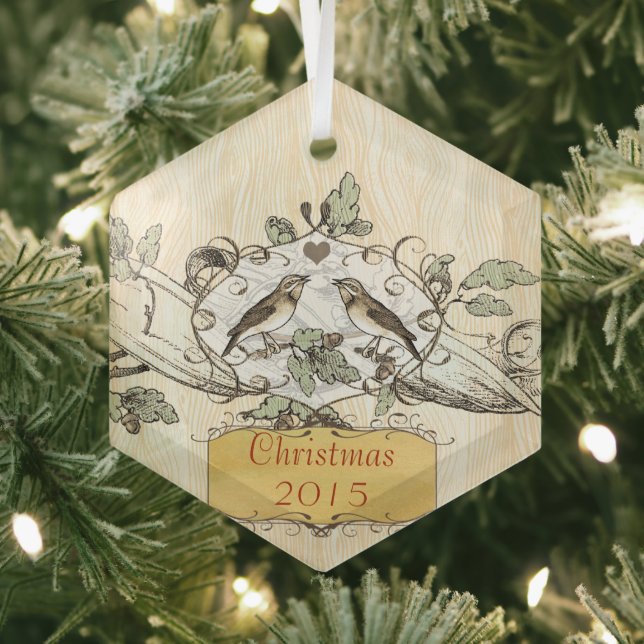 Christmas Vintage Love Birds Glass Ornament (Insitu)