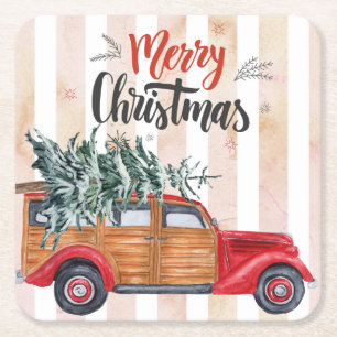Christmas Vintage Panel Truck Square Paper Coaster
