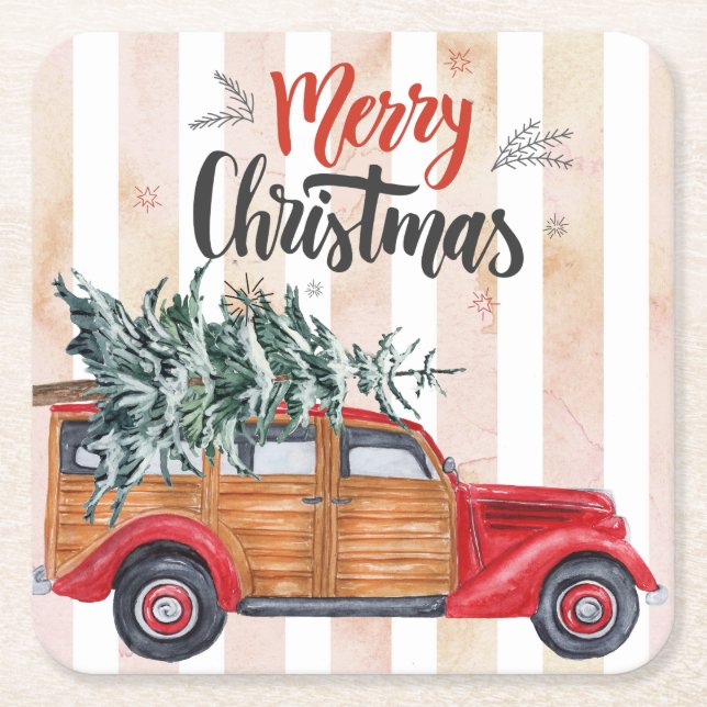Christmas Vintage Panel Truck Square Paper Coaster (Front)