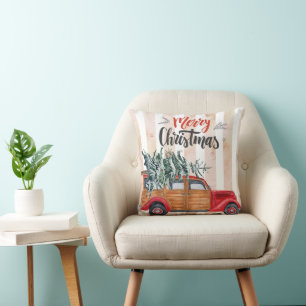 Christmas Vintage Panel Truck Throw Pillow