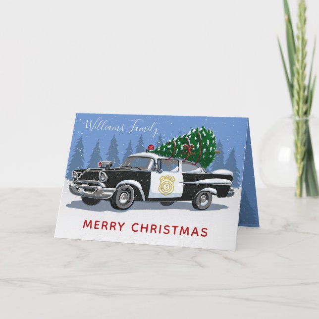 Christmas Vintage Police Car Number Tree  Holiday Card (Front)