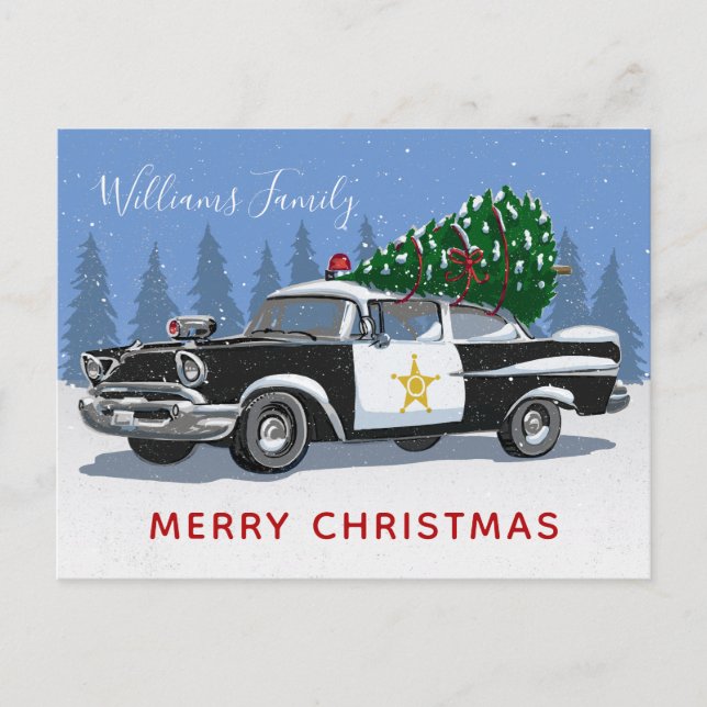 Christmas Vintage Police Car Tree Monogram Holiday Postcard (Front)