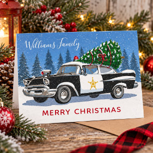 Christmas Vintage Police Car Tree Monogram Photo Holiday Card