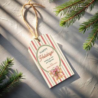 Christmas vintage red green stripes with bells gift tags