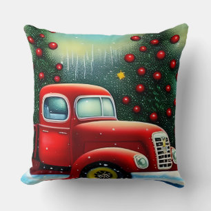 Christmas Vintage Red Truck and Snow Trees Throw P Pillow