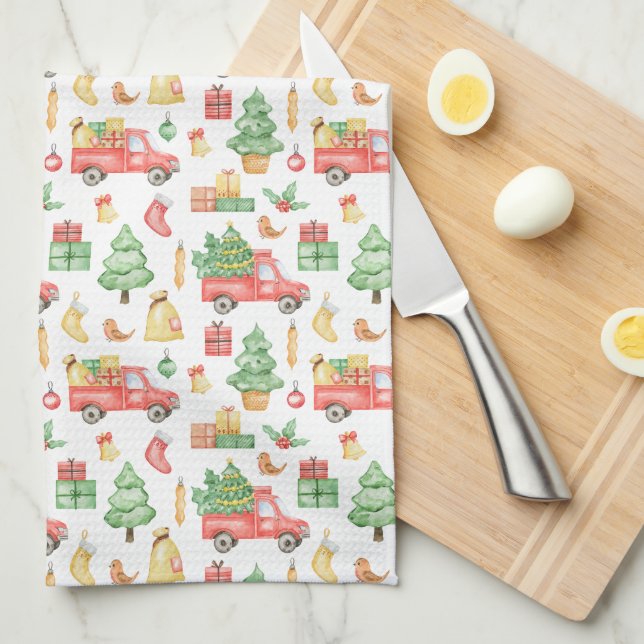 Christmas Vintage Red Truck Pattern Kitchen Towel (Quarter Fold)