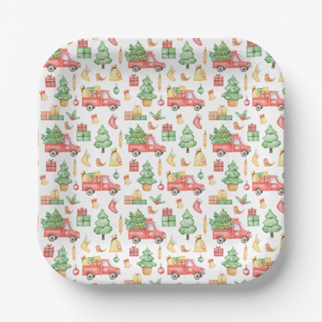 Christmas Vintage Red Truck Pattern Paper Plate (Front)
