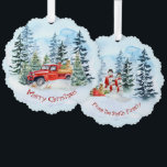 Christmas Vintage Red Truck  Snowman Family Ornament Card<br><div class="desc">A beautiful warm and cozy winter scene with a vintge red truck loaded with gifts and a Christmas tree bringing Merry
Christmas wishes to you.
On the back a snowman family sends the greetings to your friends.</div>