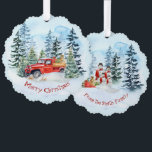 Christmas Vintage Red Truck  Snowman Family Ornament Card<br><div class="desc">A beautiful warm and cozy winter scene with a vintge red truck loaded with gifts and a Christmas tree bringing Merry
Christmas wishes to you.
On the back a snowman family sends the greetings to your friends.</div>