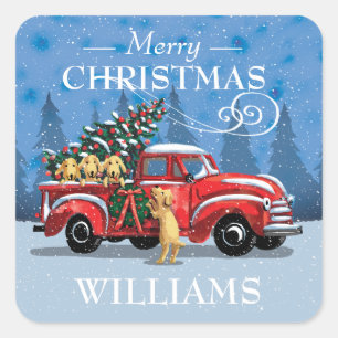 Christmas Vintage Red Truck w/ Dogs Family Name Square Sticker