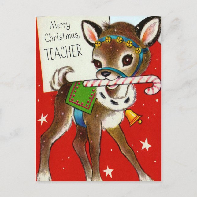 Christmas Vintage retro Deer Teachers postcard (Front)