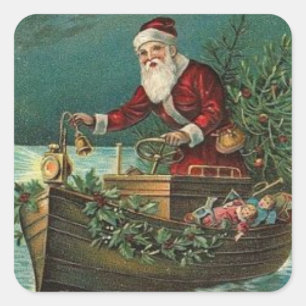 Christmas Vintage Santa Claus In A Boat Square Sticker