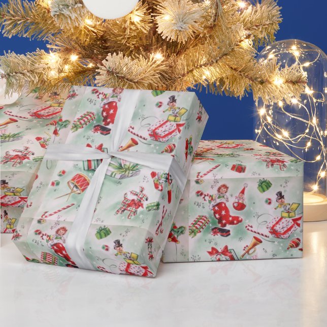 Christmas, Vintage Toys, Stocking, Candy Cane Wrapping Paper (Holidays)