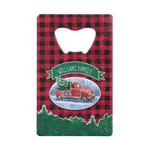 Christmas Vintage Truck Add Name Credit Card Bottle Opener