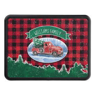 Christmas Vintage Truck Buffalo Check Family Name Trailer Hitch Cover