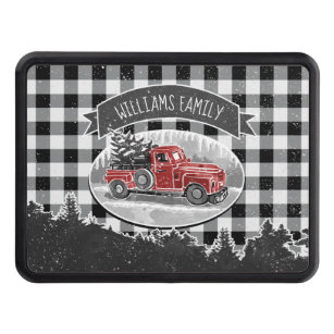Christmas Vintage Truck Buffalo Plaid Family Name Trailer Hitch Cover