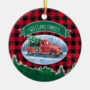 Christmas Vintage Truck Red Buffalo Plaid Photo Ceramic Ornament