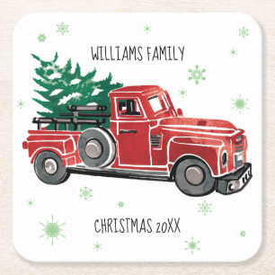Christmas Vintage Truck w/ Snowflakes Square Paper Coaster