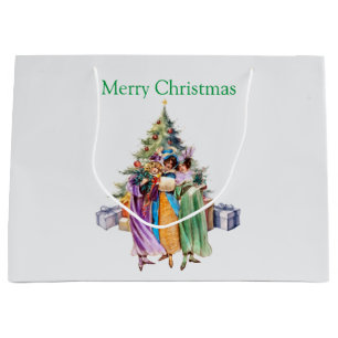 Christmas Vintage women with fur muffs Large Gift Bag