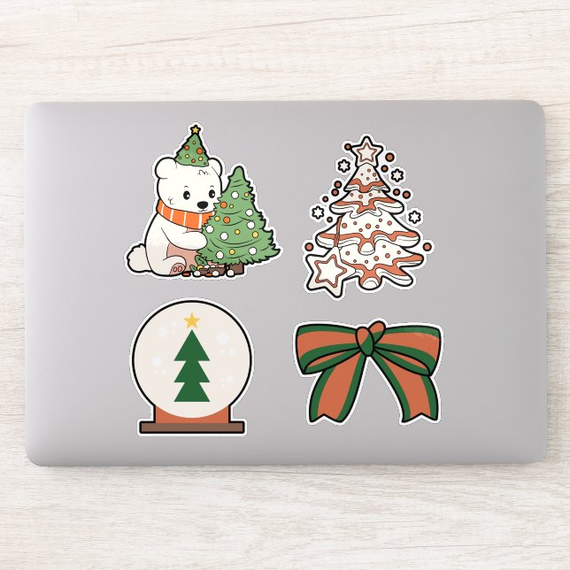 Christmas Vinyl Stickers: Cute Bear, Tree, Bow  (Computer)