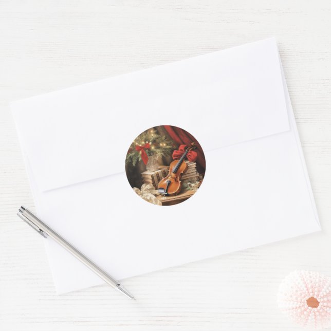 Christmas Violin Music Classic Round Sticker (Envelope)