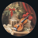 Christmas Violin Music Classic Round Sticker<br><div class="desc">Christmas violin,  festive colourful music theme,  beautiful holiday setting.</div>