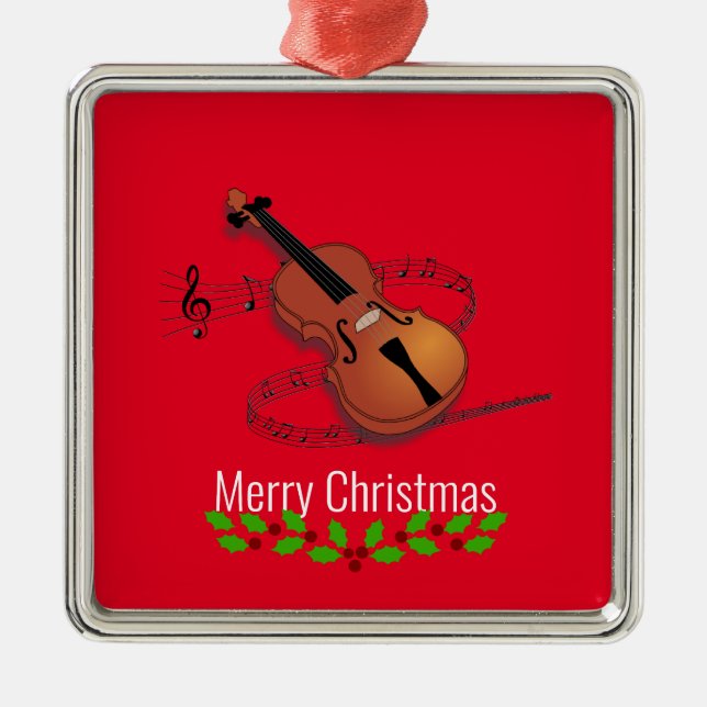 Christmas Violin Musical Greetings Metal Ornament (Front)
