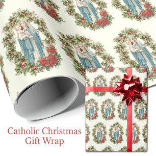 Christmas Virgin Mary Baby Jesus Pointsettia  Wrapping Paper