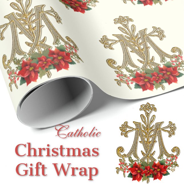 Christmas Virgin Mary Monogram Poinsettia Wrapping Paper (Catholic Blessed Virgin Mary Marian Cross with Poinsettia Gift Wrap)